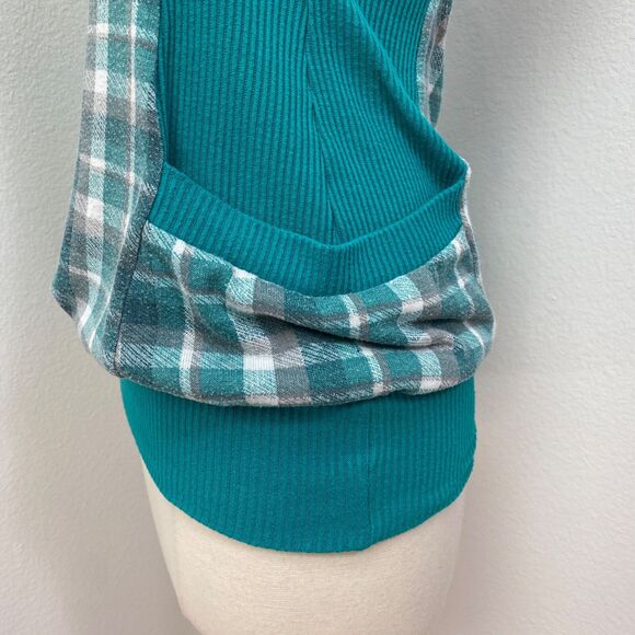 Vintage Y2K Mine Tank Top Small Teal Knit Plaid Pockets Boho Peasant Country - Picture 8 of 13